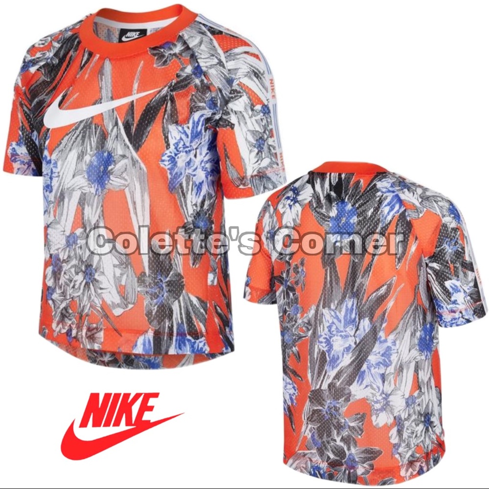 Nike Red & Blue Tropical Print Perforated Boxy Cropped Short Sleeve Tee Shirt - Picture 2 of 8